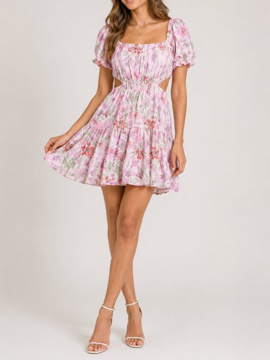 Taylor Dresses & Skirts - Pink Floral Mini Dress Puff Sleeve Cut Out Taylor Size 10 Romantic